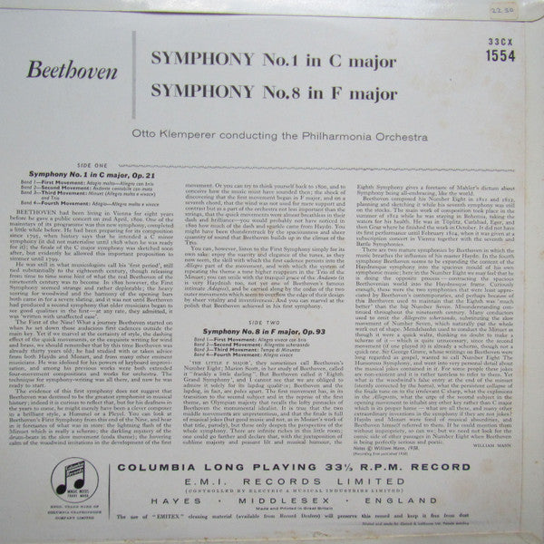Ludwig van Beethoven, Otto Klemperer, Philharmonia Orchestra : The Beethoven Symphonies Numbers 1 & 8 In C Major, Op. 21 And In F Major, Op. 93 (LP, RP)