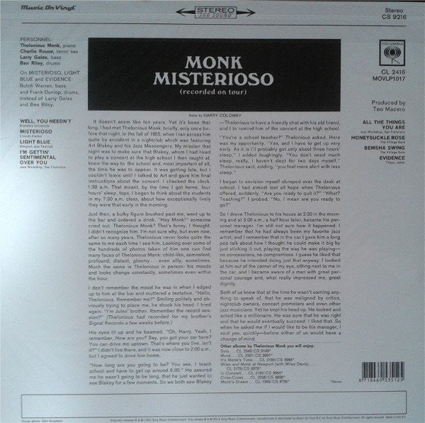 Thelonious Monk : Misterioso (LP, Album, RE)