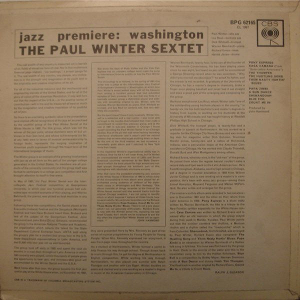 The Paul Winter Sextet : Jazz Premiere: Washington (LP, Album, Mono)