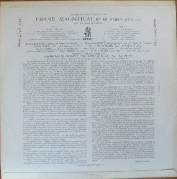 Johann Sebastian Bach - Antonia Fahberg, Margarethe Bence, Helmut Krebs, Peter Roth-Ehrang, Chorale Philippe Caillard, Orchestre Pro Arte De Munich, Kurt Redel : Grand Magnificat En Ré Majeur BWV 243 Pour Soli Et Orchestre (LP, Mono)