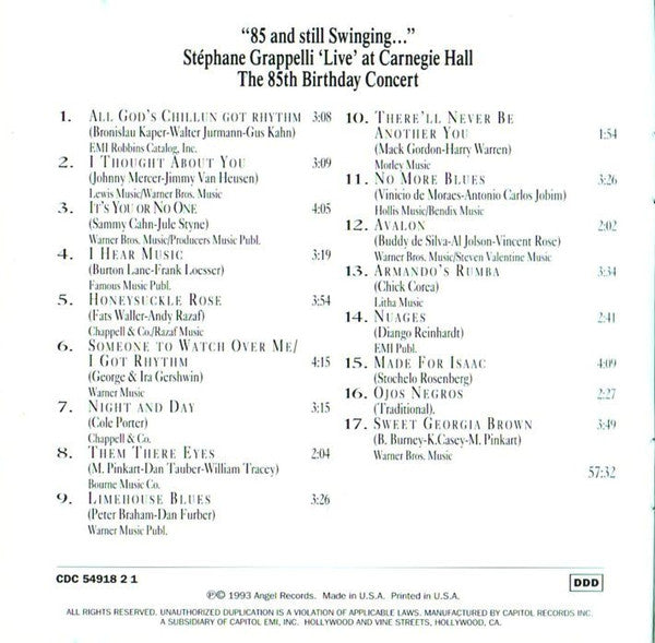 Stéphane Grappelli Introducing The Rosenberg Trio : 85 And Still Swinging ('Live' At Carnegie Hall - The 85th Birthday Concert) (CD, Album)