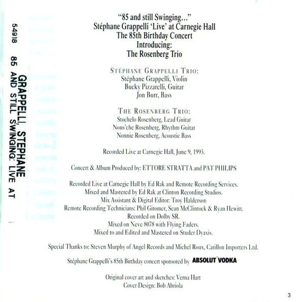 Stéphane Grappelli Introducing The Rosenberg Trio : 85 And Still Swinging ('Live' At Carnegie Hall - The 85th Birthday Concert) (CD, Album)
