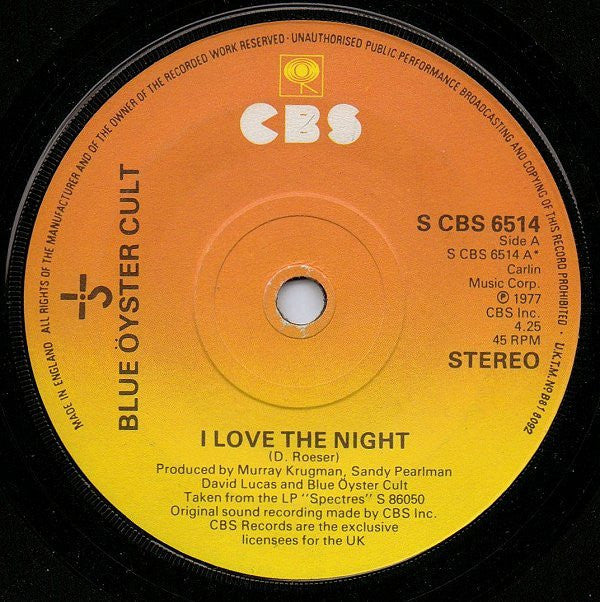 Blue Öyster Cult : I Love The Night (7", Single)