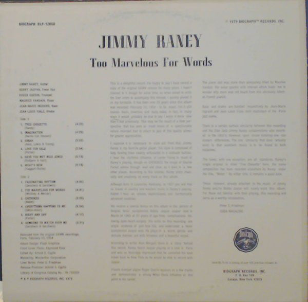 Jimmy Raney : Too Marvelous For Words (LP, Album, RE)