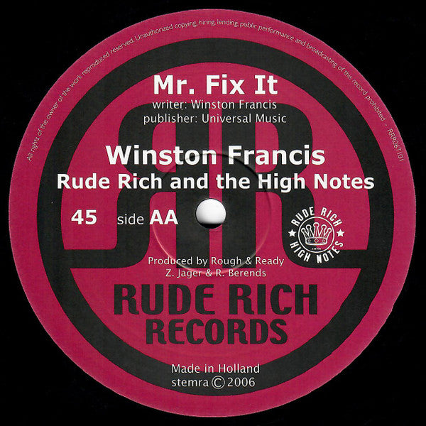Winston Francis, Rude Rich And The High Notes : Mr. Fix It / I'm Not A King (12")