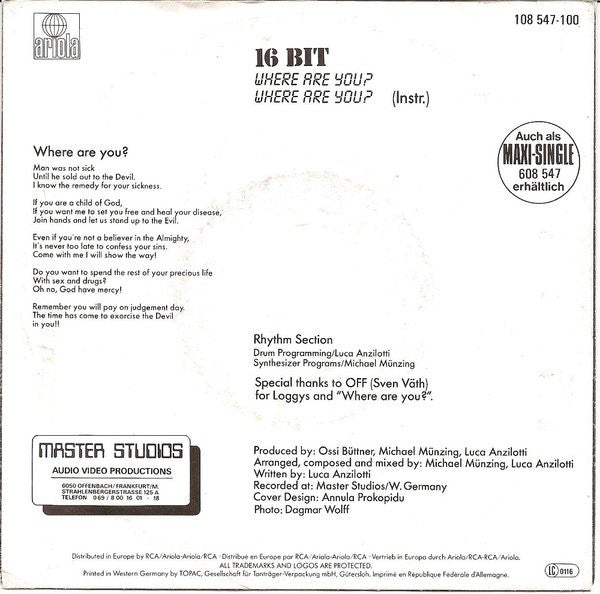 16 Bit : Where Are You? (7", Single)