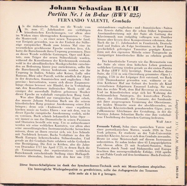 Johann Sebastian Bach, Fernando Valenti : Partita Nr. 1 In B-Dur (7", Single)