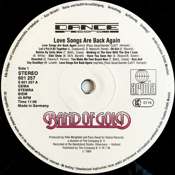 Band Of Gold : Love Songs Are Back Again (12", Maxi)