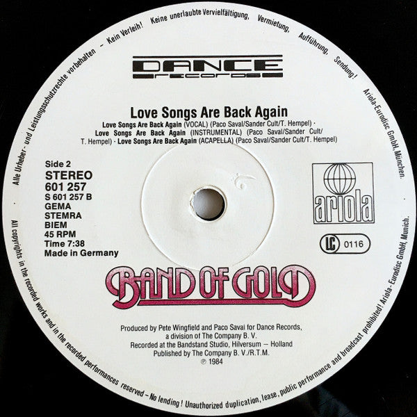 Band Of Gold : Love Songs Are Back Again (12", Maxi)