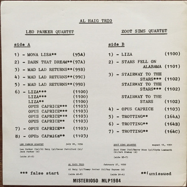Leo Parker Quartet, Zoot Sims Quartet, Al Haig Trio : Mad Lad Returns (LP)