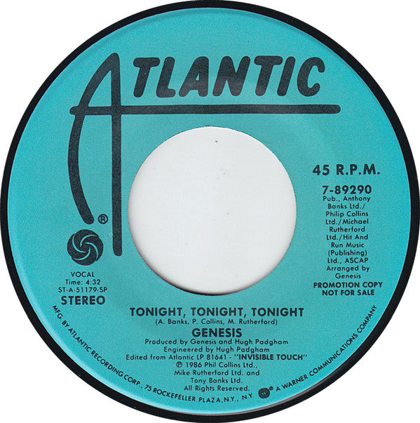 Genesis : Tonight, Tonight, Tonight (7", Single, Promo, SP,)