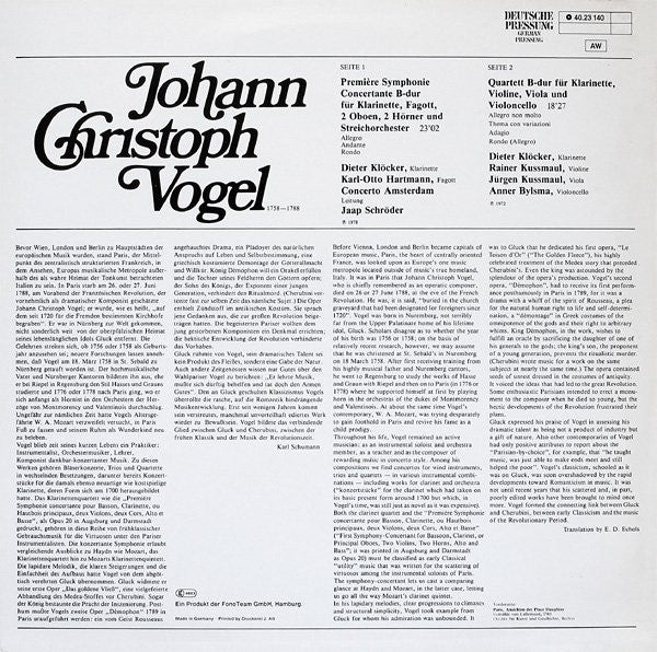 Johann Christoph Vogel, Karl-Otto Hartmann, Dieter Klöcker, Consortium Classicum ∙ Concerto Amsterdam : Première Symphonie Concertante B-Dur / Quartett B-Dur (LP, RE)