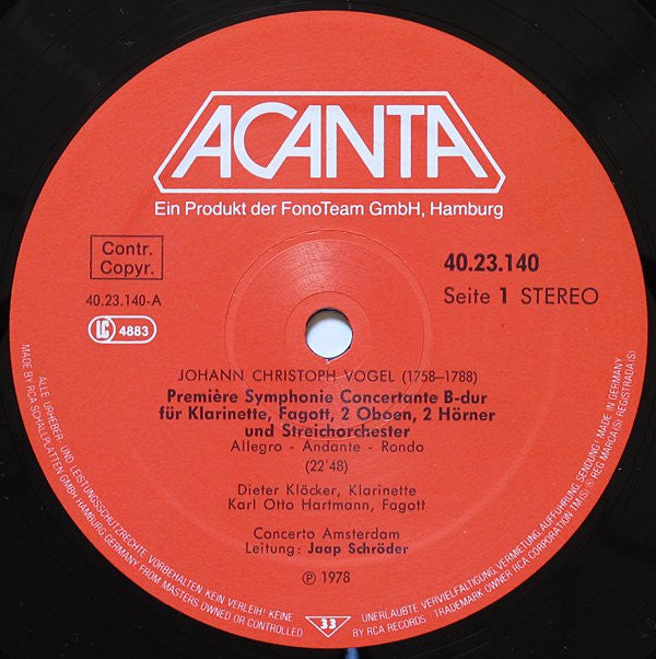Johann Christoph Vogel, Karl-Otto Hartmann, Dieter Klöcker, Consortium Classicum ∙ Concerto Amsterdam : Première Symphonie Concertante B-Dur / Quartett B-Dur (LP, RE)