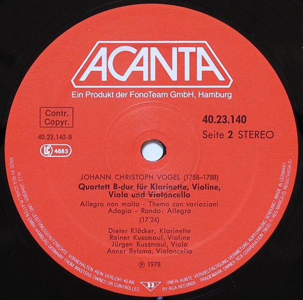 Johann Christoph Vogel, Karl-Otto Hartmann, Dieter Klöcker, Consortium Classicum ∙ Concerto Amsterdam : Première Symphonie Concertante B-Dur / Quartett B-Dur (LP, RE)