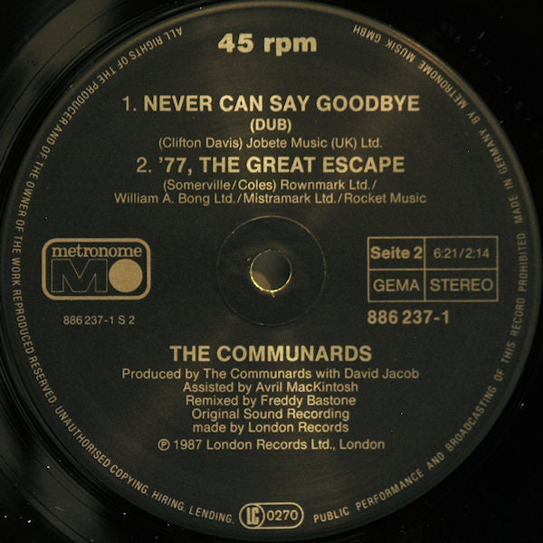 The Communards : Never Can Say Goodbye (Remix) (12")