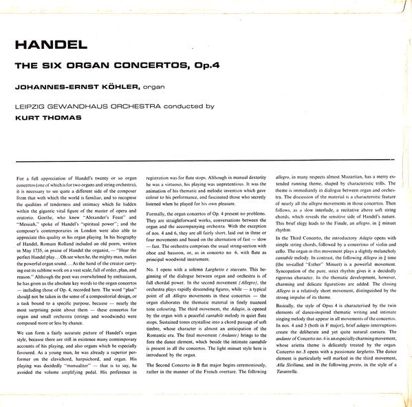 Georg Friedrich Händel, Johannes-Ernst Köhler ,  Gewandhausorchester Leipzig, Kurt Thomas : The Six Organ Concertos, Op.4 (2xLP, RE)