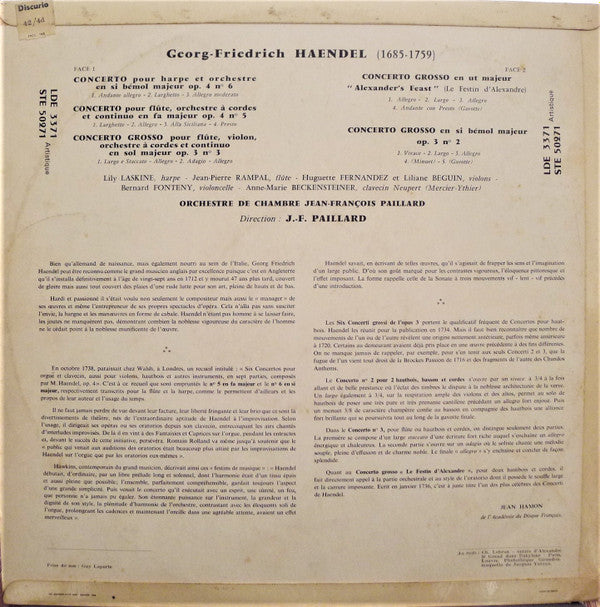 Georg Friedrich Händel - Lily Laskine, Jean-Pierre Rampal, Huguette Fernandez, Orchestre De Chambre Jean-François Paillard : Concertos : Pour Harpe Op.4, N°6 - Pour Flûte Op.4 N°5, Concertos Grossos : Op.3 N°3 - Op.3 N°2 & "Pour Le Festin D'Alexandre" (LP)
