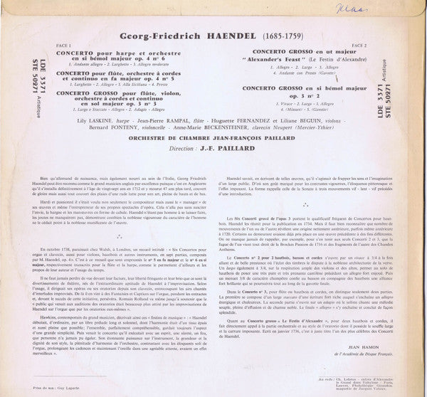 Georg Friedrich Händel - Lily Laskine, Jean-Pierre Rampal, Huguette Fernandez, Orchestre De Chambre Jean-François Paillard : Concertos : Pour Harpe Op.4, N°6 - Pour Flûte Op.4 N°5, Concertos Grossos : Op.3 N°3 - Op.3 N°2 & "Pour Le Festin D'Alexandre" (LP)