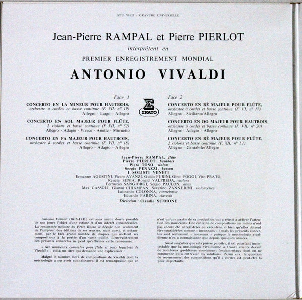Jean-Pierre Rampal - Pierre Pierlot, I Solisti Veneti / Claudio Scimone - Antonio Vivaldi : Six Concertos Pour Flute, Pour Hautbois, Cordes & Continuo (LP)