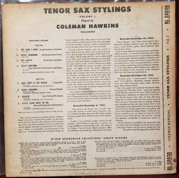 Coleman Hawkins : Tenor Sax Stylings, Vol. 1 (10", Comp)