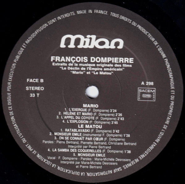 François Dompierre : Extraits Des Musiques Originales Des Films Le Declin De L'Empire Americain, Mario, Le Matou (LP, Comp)