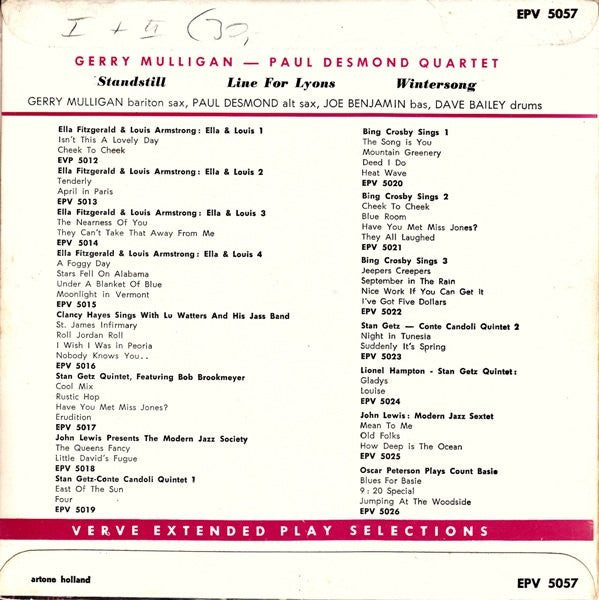 Gerry Mulligan - Paul Desmond Quartet : Standstill (7", EP)