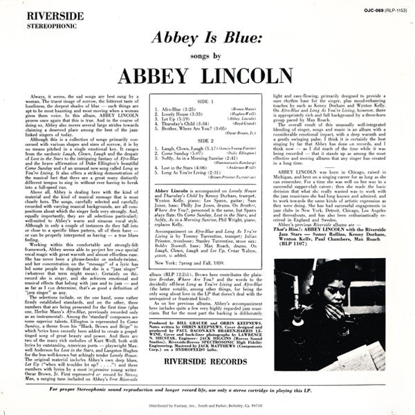 Abbey Lincoln : Abbey Is Blue (LP, Album, RE)