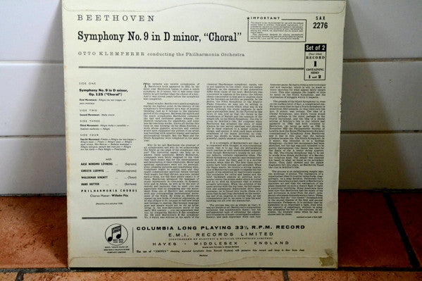 Otto Klemperer, Ludwig Van Beethoven, Philharmonia Orchestra : Symphony No. 9 "Choral" (2xLP, Sca)