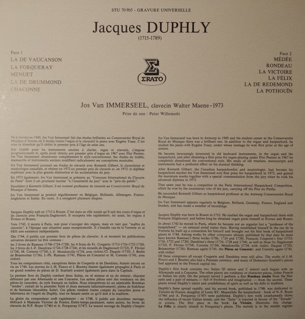 Jacques Duphly, Jos Van Immerseel : Onze Pièces Pour Le Clavecin (LP)