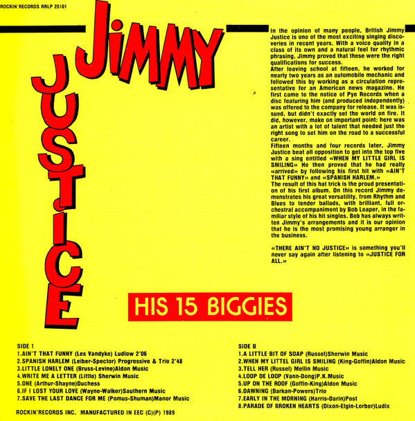 Jimmy Justice : His 15 Biggies (LP, Comp)