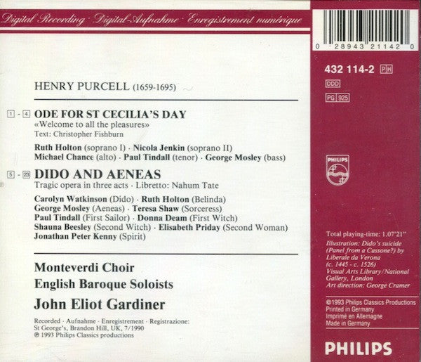 Henry Purcell, Carolyn Watkinson, George Mosley, The Monteverdi Choir, The English Baroque Soloists, John Eliot Gardiner : Dido And Aeneas / Ode For St Cecilia's Day (CD, Album)