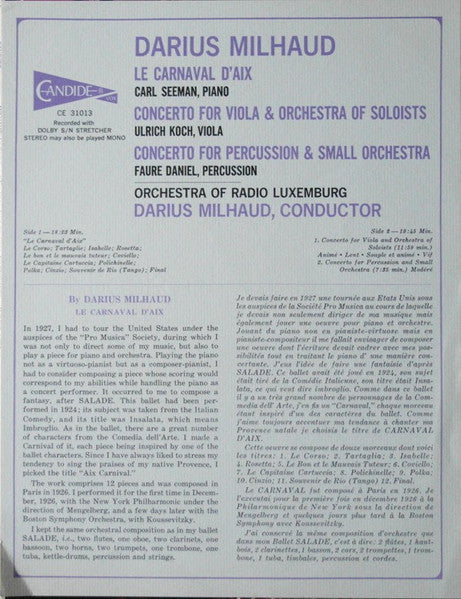 Milhaud* : Le Carnaval D'Aix / Concerto For Viola / Concerto For Percussion (LP)