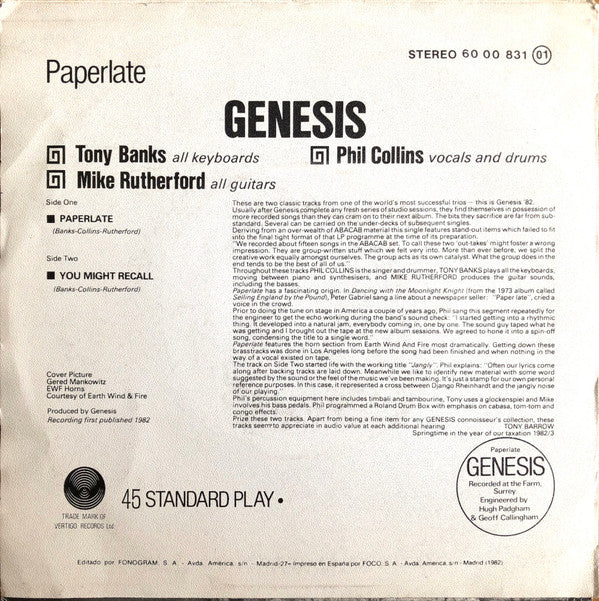 Genesis : Paperlate (7", Single)