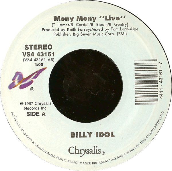 Billy Idol : Mony Mony (Live) (7", Single, Styrene, Car)