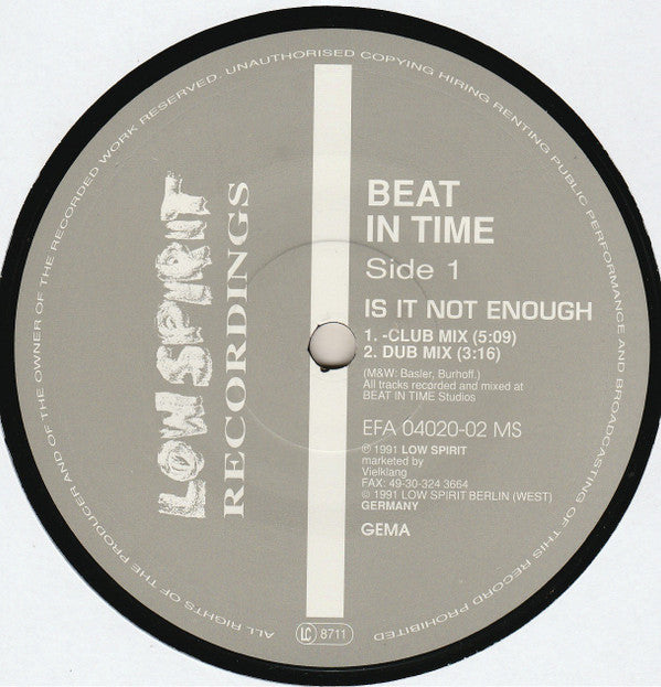Beat In Time : Is It Not Enough (12")