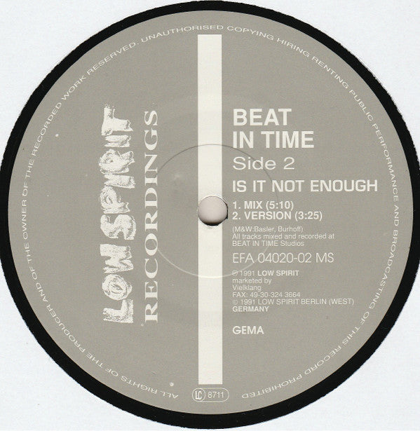 Beat In Time : Is It Not Enough (12")