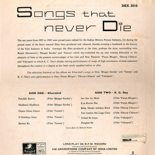 Khurshid And K. C. Dey : Songs That Never Die (The Greatest Hits Of Khurshid And K.C. Dey.) (LP, Comp)
