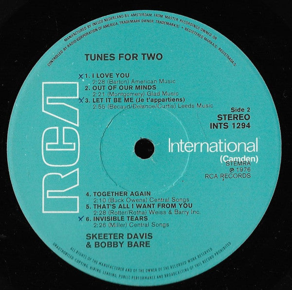 Skeeter Davis & Bobby Bare : Tunes For Two (LP, Album, RE)