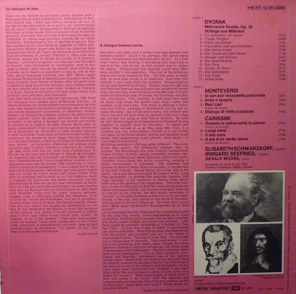 Antonín Dvořák, Claudio Monteverdi, Giacomo Carissimi, Elisabeth Schwarzkopf, Irmgard Seefried, Gerald Moore : Duos Pour Sopranos   (LP, Mono, RE)