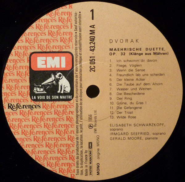 Antonín Dvořák, Claudio Monteverdi, Giacomo Carissimi, Elisabeth Schwarzkopf, Irmgard Seefried, Gerald Moore : Duos Pour Sopranos   (LP, Mono, RE)