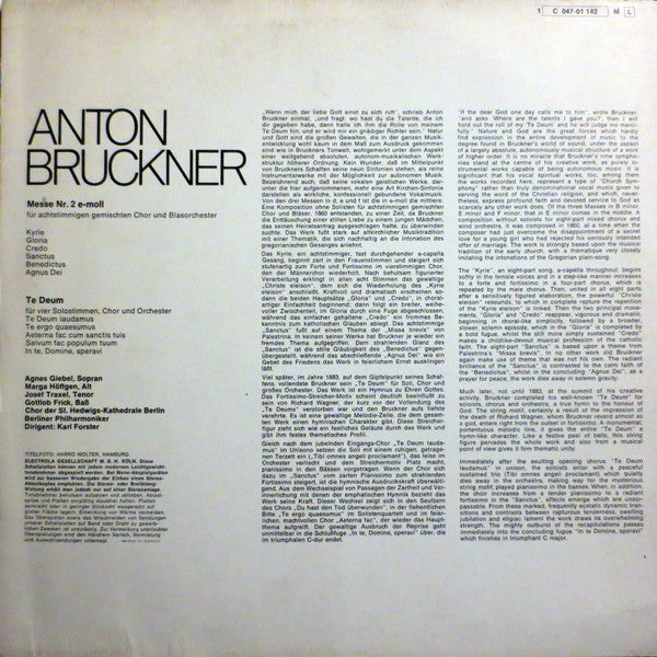 Anton Bruckner - Karl Forster, Berliner Philharmoniker : Messe Nr. 2 E-Moll Für Achtstimmigen Gemischten Chor Und Blasorchester - Te Deum Für Vier Solostimmen, Chor Und Orchester (LP)