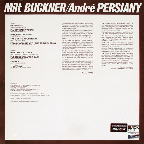 Milt Buckner / André Persiany : Pianistically Yours (LP, Album)