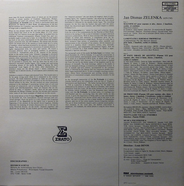 Jan Dismas Zelenka, Het Westvlaams Vocaal Ensemble, Musica Polyphonica, Louis Devos : Magnificat - De Profundis / In Exitu Israël, Lamentatio Jeremiae Prophetae (LP, Album, Gat)