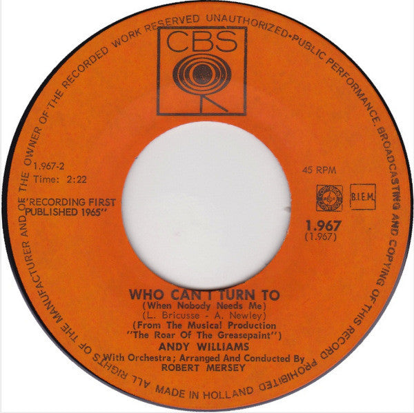Andy Williams : Almost There / Who Can I Turn To (7", Single)