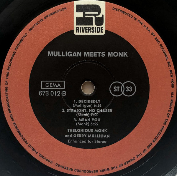 Thelonious Monk And Gerry Mulligan : Mulligan Meets Monk (LP, Album, RE)