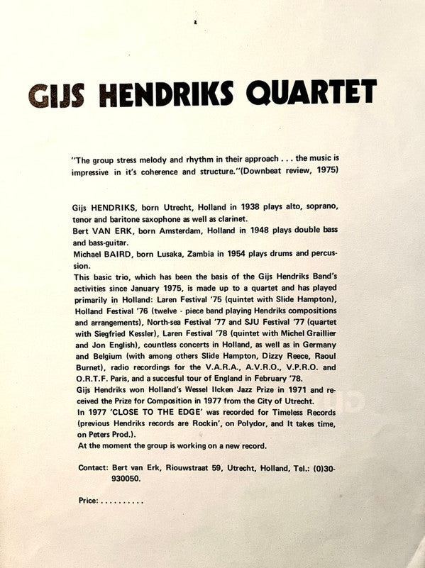 Gijs Hendriks Quartet : Dom Rocket (LP, Album)