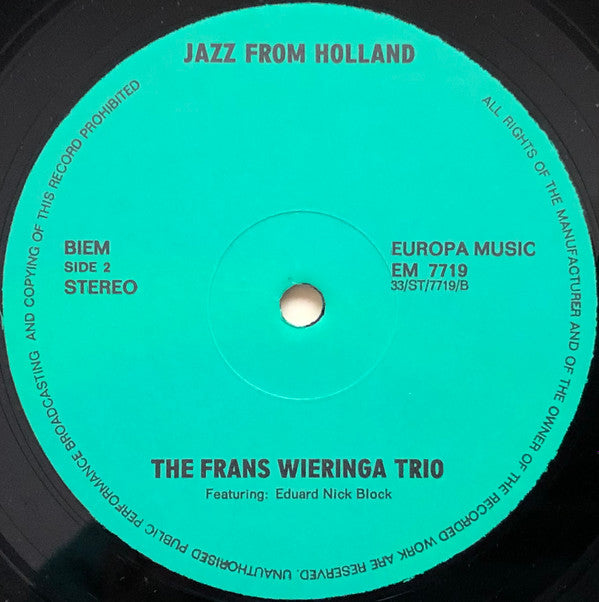 The Frans Wieringa Trio Featuring Eduard Nick Block : Jazz From Holland (LP, Album)