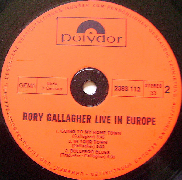 Rory Gallagher : Live! In Europe (LP, Album, RE)