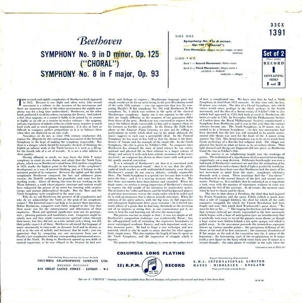 Beethoven*, Elisabeth Schwarzkopf, Marga Höffgen, Ernst Haefliger, Otto Edelmann, Chorus Of The Gesellschaft Der Musikfreunde, Vienna*, Philharmonia Orchestra, Herbert von Karajan : "Choral Symphony" (Symphony No. 9 In D Minor) / Symphony No. 8 In F Major (2xLP, Mono)