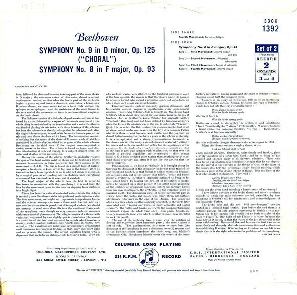 Beethoven*, Elisabeth Schwarzkopf, Marga Höffgen, Ernst Haefliger, Otto Edelmann, Chorus Of The Gesellschaft Der Musikfreunde, Vienna*, Philharmonia Orchestra, Herbert von Karajan : "Choral Symphony" (Symphony No. 9 In D Minor) / Symphony No. 8 In F Major (2xLP, Mono)